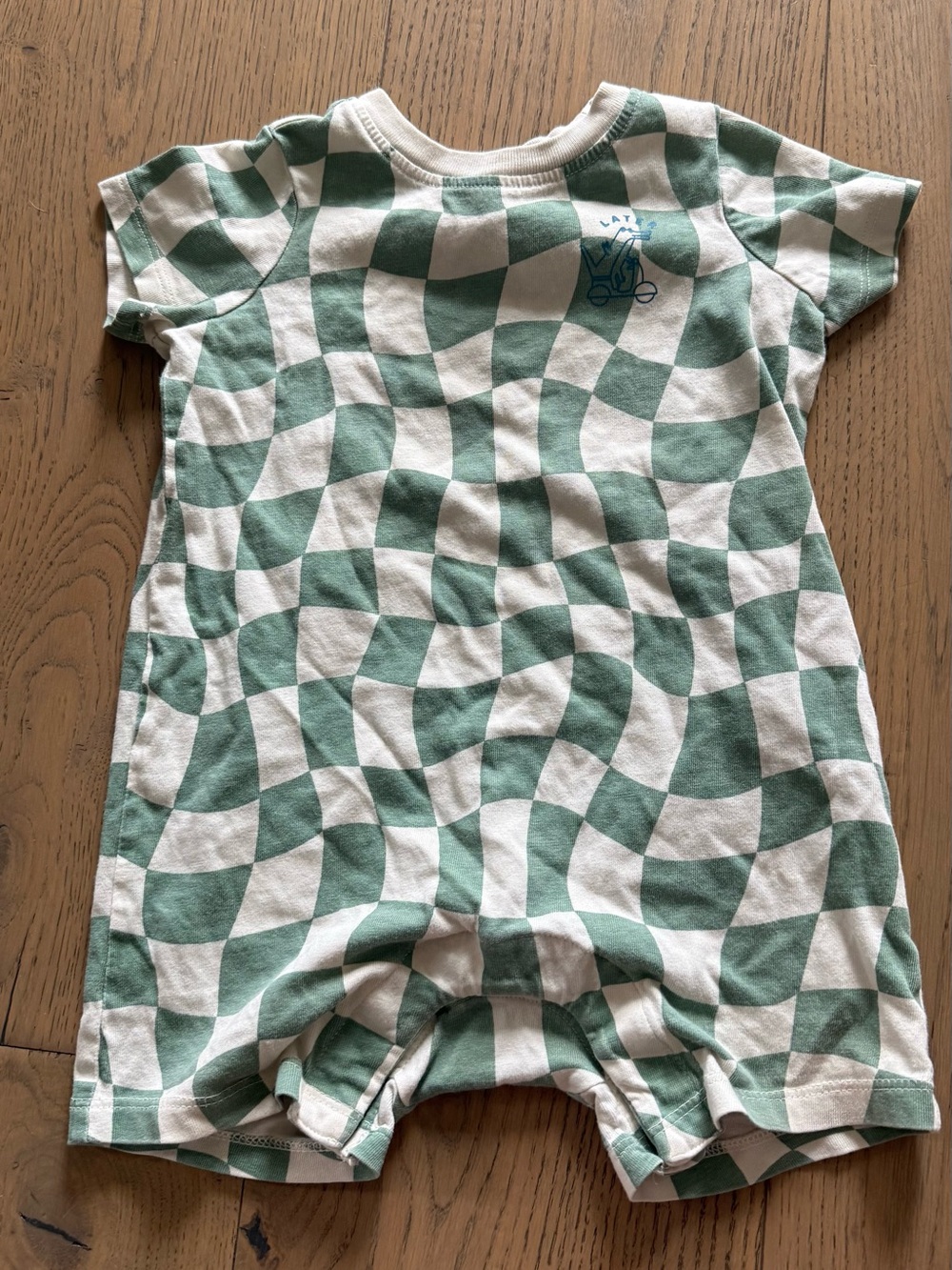 Hanna Andersson Later Gator Green and White Checker Short Romper, 18-24 Months